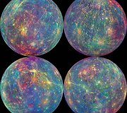 Merkurijaus atmosferos ir pavir&scaron;iaus sudėties duomenys. Spalvos, kurios buvo įtrauktos tam, kad būtų lengviau daryti tyrimus, simbolizuoja skirtingas pavir&scaron;iaus medžiagas