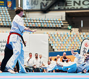 Kioku&scaron;in karatė Europos čempionato akimirka. Orestas Abazorius