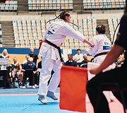 Kioku&scaron;in karatė Europos čempionato akimirka. Marija Sekunda
