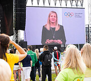 Olimpinė diena vyksta Kaune. Kirsty Coventry pasveikinimas.