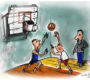 Karikatūromis pažvelgta į vis dar aktualią Lietuvos problemą &ndash; padėtį mokyklų sporto salėse.