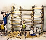 Karikatūromis pažvelgta į vis dar aktualią Lietuvos problemą &ndash; padėtį mokyklų sporto salėse.