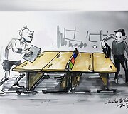 Karikatūromis pažvelgta į vis dar aktualią Lietuvos problemą &ndash; padėtį mokyklų sporto salėse.