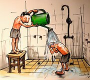 Karikatūromis pažvelgta į vis dar aktualią Lietuvos problemą &ndash; padėtį mokyklų sporto salėse.