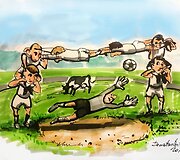 Karikatūromis pažvelgta į vis dar aktualią Lietuvos problemą &ndash; padėtį mokyklų sporto salėse.