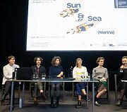 58-ojoje Venecijos bienalės Lietuvos paviljono organizatorių spaudos konferencijos akimirka