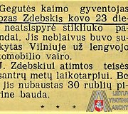 Informacija apie kunigui Juozui Zdebskiui skirtą nuobaudą už automobilio vairavimą neblaiviam, paskelbta Lazdijų rajono laikraštyje „Darbo vėliava“. 1976 m. balandžio 13 d. Spaudos iškarpa. Dokumentas lietuvių kalba