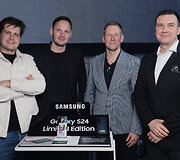 Vaidas Bielinis ir &Scaron;arūnas Gali&scaron;anka, &bdquo;Samsung Electronics Baltics&ldquo; atstovai bei Ignas Vy&scaron;niauskas ir Donatas Norkevičius, &bdquo;Žalgirio&ldquo; atstovai
