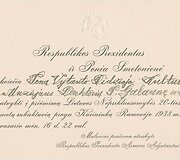 Lietuvos Respublikos Prezidento ir jo žmonos kvietimas Pauliui Galaunei poniai Galaunienei į Lietuvos Nepriklausomybės 20 metų sukaktuves Karininkų ramovėje. Kaunas, 1938 m. vasario 16 d.