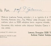 Lietuvių draugijos SSSR tautų kultūrai pažinti valdybos kvietimas Pauliui Galaunei į arbatėlę. Kaunas, XX a. 4 de&scaron;imtmetis