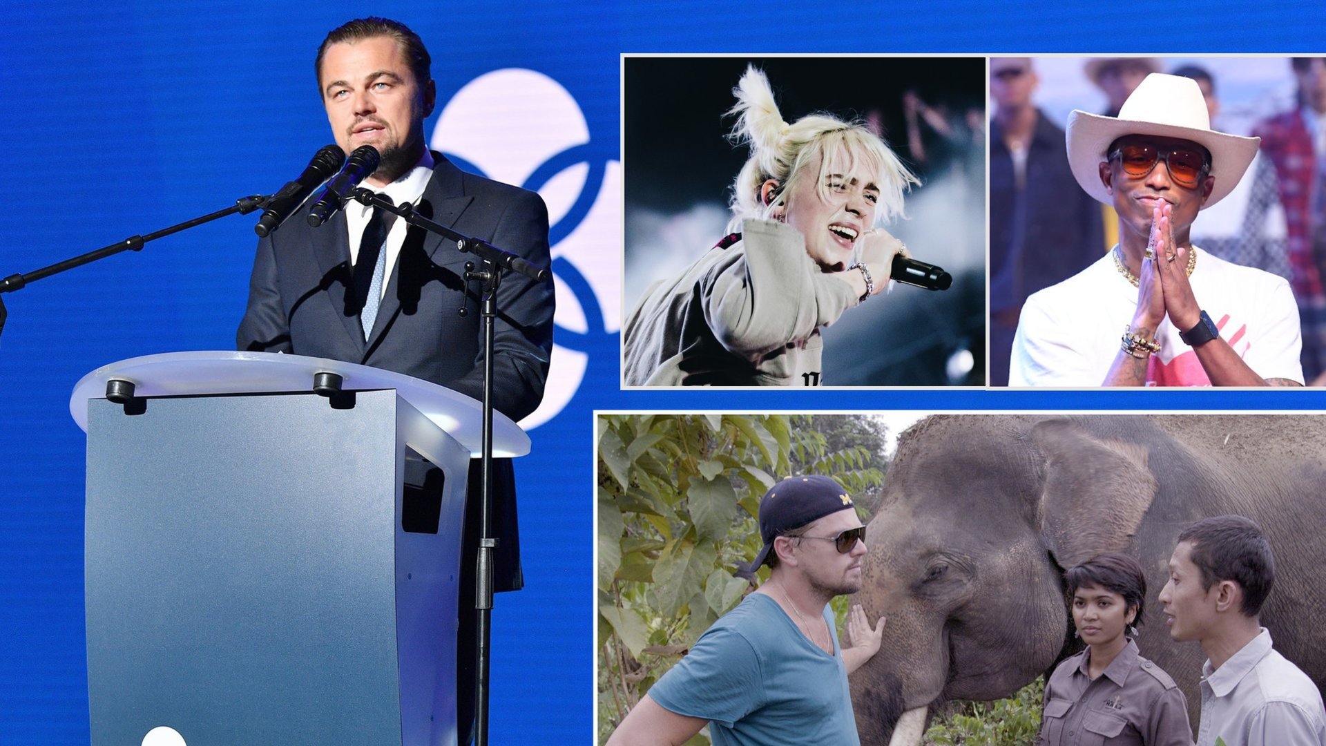 Leonardo DiCAPRIO, Billie EILISH ir Pharrellas WILLIAMSAS / Getty ir Vida Press nuotraukos