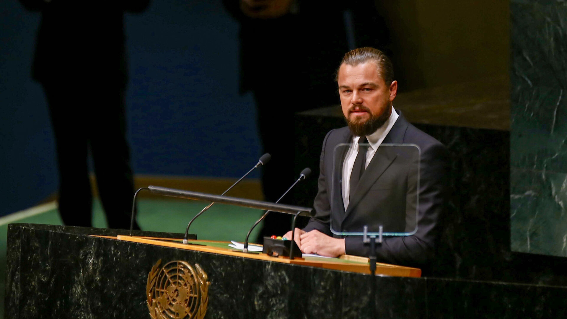 Balsas, kurį girdi: Leonardo DiCaprio – Jungtinių Tautų taikos pasiuntinys – kalba JT viršūnių susitikime klimato kaitos klausimais Niujorke 2014-aisiais / Getty nuotrauka