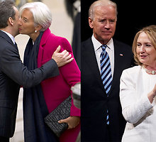 Kairėje: Prancūzijos prezidentas Nicolas Sarkozy bučiuoja Tarptautinio valiutos fondo prezidentę Christine Lagarde. Dešinėje: buvusi JAV valstybės sekretorė Hillary Clinton apdovanojimų ceremonijoje Vašingtone. 