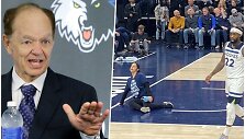 &bdquo;Minnesota Timberwolves&ldquo; klubo savininkas Glenas Tayloras ir protestuotoja Alicia Santurio