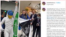 Europos fechtavimo čempionė Vlada Harkova bandė i&scaron;skleisti antikarinį plakatą Kinijoje, bet jai nebuvo leista tai padaryti.