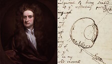 Isaacas Newtonas (Godfrey Knellerio 1702 m. tapytas portretas) ir jo rankra&scaron;tis, kuriame Newtonas apra&scaron;o adatos už akies obuolio eksperimentą