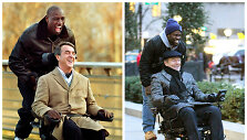 Omaras Sy ir Francois Cluzet prancūzų filme &bdquo;Neliečiamieji&ldquo; (kairėje, 2011 m.) ir Kevinas Hartas su Bryanu Cranstonu amerikieti&scaron;koje filmo versijoje (2017 m.)