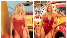 Pamela Anderson (1992 m.) ir Kelly Rohrbach (2017 m.)  &bdquo;Gelbėtojuose&ldquo;