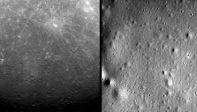 Pirma (2011 m.) ir paskutinė (2015 m.) &bdquo;Messenger&ldquo; daryta Merkurijaus nuotrauka
