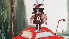 Nespalvotame kra&scaron;te pasirodė raudonas automobilis, oil on canvas, 100x90, 2018