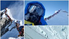 Kairėje ir apačioje - eilės ant Everesto, vir&scaron;uje de&scaron;inėje - Tadas Jer&scaron;ovas ir alpinistų eilė prie Manaslu