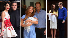 George'as ir Amal Clooney bei princas Williamas ir Kembridžo hercogienė Catherine su vaikais (centre &ndash; su princu George'u 2013 metais, de&scaron;inėje &ndash; su princese Charlotte 2015 metais)