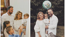 Beata ir Tomas Nicholsonai su sūnumi Hariu ir jo krik&scaron;ttatėviais Vita Ramanauskaitė bei Deiviu Bork