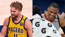 Domantas Sabonis bei Russellas Westbrookas su Bradley Bealu