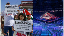 Tarptautinio Palestinos maratono metu &bdquo;Euroviziją&ldquo; boikotuoti dėl Izraelio veiksmų Vakarų Krante raginantys protestuotojai ir 2019 m. &bdquo;Eurovizijos&ldquo; scena