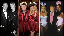 Hugh Hefneris su (i&scaron; kairės) antrąja žmona Kimberley Conrad, trečiąja žmona Crystal Harris ir &bdquo;Playboy&ldquo; zuikutėmis