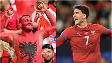Albanijos sirgalius (kairėje) ir Serbijos rinktinės žvaigždė Du&scaron;anas Vlahovičius