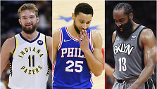 I&scaron; kairės: Domantas Sabonis, Benas Simmonsas, Jamesas Hardenas