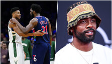Giannis Antetokounmpo ir Joelis Embiidas (kairėje) bei Kyrie Irvingas
