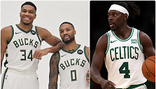 I&scaron; kairės: Giannis Antetokounmpo, Damianas Lillardas, Jrue Holiday