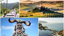 I&scaron; kairės vir&scaron;uje, pagal laikrodžio rodyklę: Belmond Sanctuary Lodge &ndash; vie&scaron;butis Maču Pikču; Toskana; &bdquo;Aman&ldquo; vie&scaron;butis Indonezijoje, Etiopija