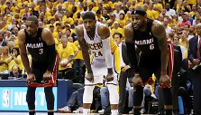 &bdquo;Heat&ldquo; žaidėjas  Dwyane'as Wade'as, &bdquo;Indiana Pacers&ldquo; lyderis Paulas George'as ir &bdquo;Heat&ldquo; žvaigždė  LeBronas Jamesas 