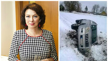 Daiva Tamo&scaron;iūnaitė ir jos apvirtęs automobilis