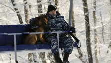 Rusijos policininkas su &scaron;unimi ant pakelėjo