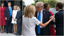 Emmanuelis Macronas su žmona Brigitte ir Donaldas Trumpas su žmona Melania