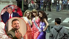 Donaldas Trumpas, Volodymyras Zelenskis ir &bdquo;Mis Ukraina&ldquo; Oleksandra Mykolajenko (de&scaron;inėje)