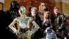 &bdquo;Žvaigždžių karų&ldquo; kūrėjas George'as Lucasas su filmo aktoriais Carrie Fisher ir Marku Hamillu 1997-aisiais