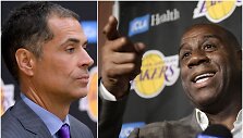 &bdquo;Los Angeles Lakers&ldquo; vadovas Robas Pelinka (kairėje) sulaukė Magico Johnsono priekai&scaron;tų.