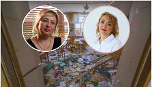Ukrainietės mokytojos Olga Bielnycka ir Gana Tarkovska, fone &ndash; sugriauta mokykla Černihive