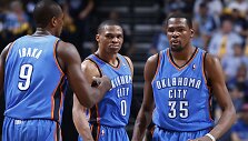 &bdquo;Thunder&ldquo; lyderių trio &ndash; Serge'as Ibaka, Russellas Westbrookas ir Kevinas Durantas