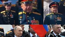 Su Vladimiru Putinu ant pakylos sėdėjo vyresnysis leitenantas Vladislavas Golovinas (nuotraukoje vir&scaron;uje kairėje), majoras Arturas Orlovas (centre) ir majoras Railis Gabdrachmanovas (de&scaron;inėje)