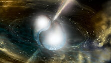 Dailininko iliustracija: kaip galėtų atrodyti dviejų besijungiančių neutroninių žvaigždžių i&scaron;metamas gama spindulių žybsnis