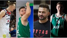 M.Echodas (kairėje), L.Kleiza (trečias i&scaron; kairės) yra kilę i&scaron; Kauno, bet atstovauja &bdquo;Rytui&ldquo;, o vilniečiai M.Gebenas ir K.Luko&scaron;iūnas (de&scaron;inėje) žaidžia &bdquo;Žalgiryje&ldquo;.