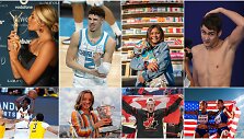 Sporto talentai - vir&scaron;uje i&scaron; kairės: Stephanie Gilmore, LaMelo Ballas, Sky Brown, Klimentinas Kolesnikovas, apačioje i&scaron; kairės: Bolas Bolas, Iga Swiatek, Alexis Lafreniere'as, Raevyn Rogers.  