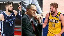 I&scaron; kairės: Jonas Valančiūnas, Artūras Karni&scaron;ovas, Domantas Sabonis