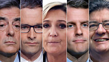 F.Fillonas, B.Hamonas, M.Le Pen, E.Macronas ir J.L.Melenchonas (i&scaron; kairės)